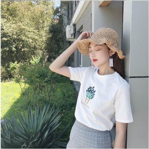 Follow Shop Săn Deal Hot Ngày 11/11 Áo Thun Nữ Tay Lỡ Unisex Màu Trắng In Họa Tiết Chậu Bông Hoa