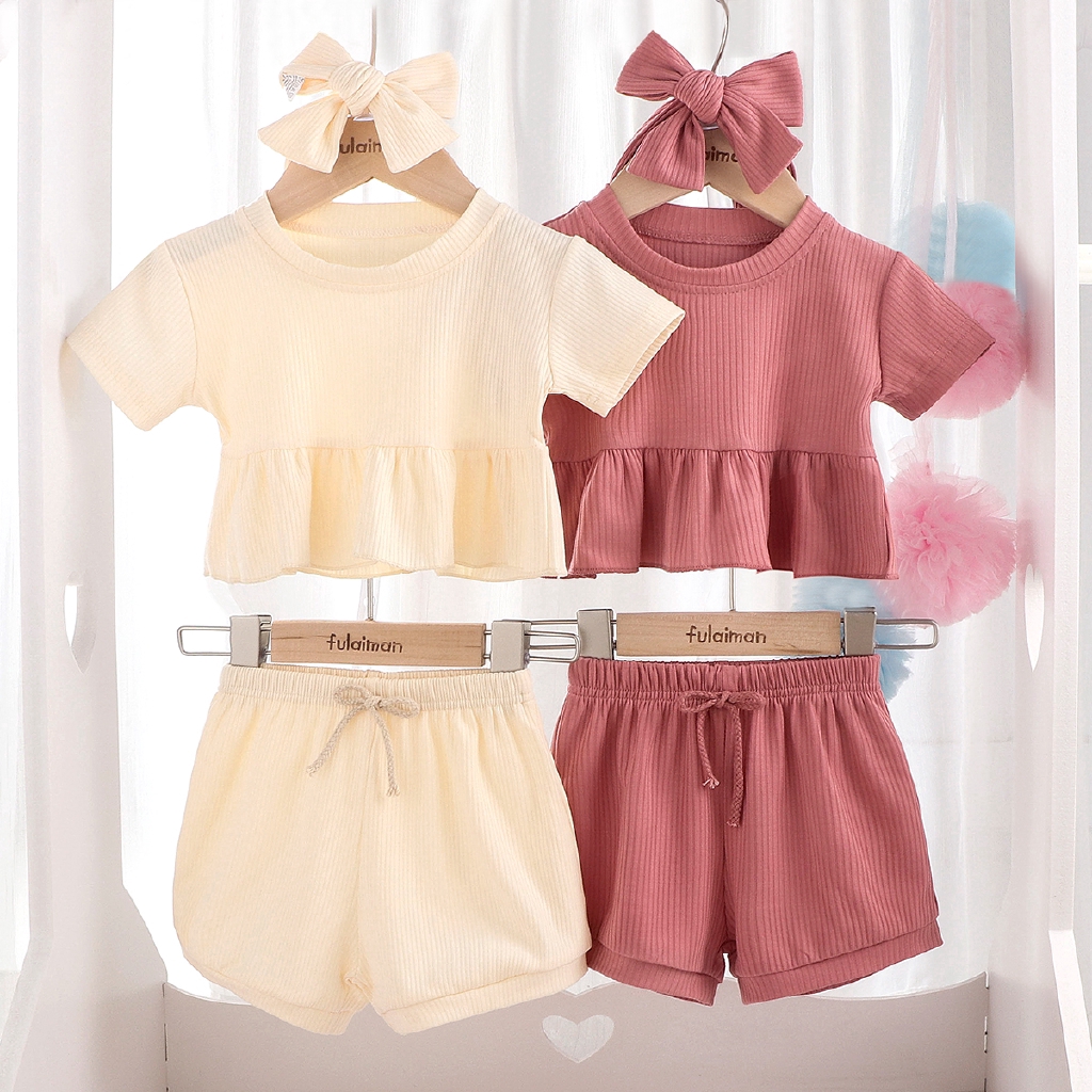 Bộ đồ 2 món gồm áo tay ngắn + quần ngắn mùa hè bằng cotton mềm cho bé gái sơ sinh