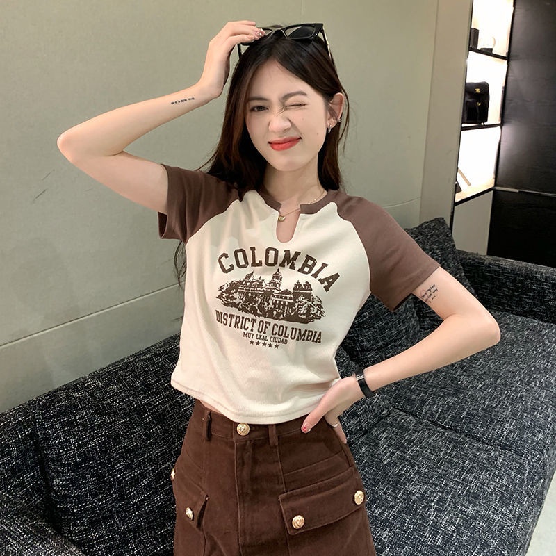 Áo thun dệt kim ZHELIHANGFEI ngắn tay in chữ màu sắc tương phản phong cách Mỹ cao cấp