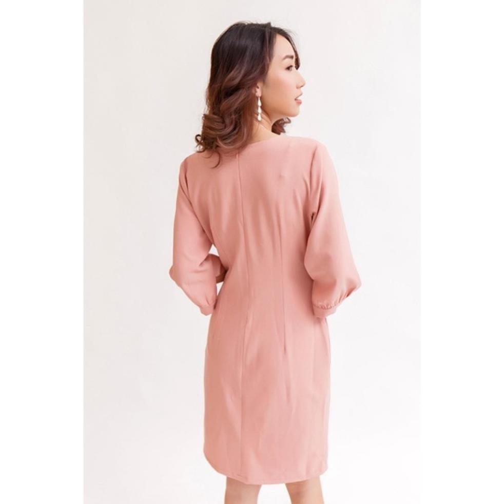 Váy Đầm Công Sở Tay Lở Dún Cổ Dún Phối Dây Đai Eo Màu Hồng Tà A Vải Dãn Nhẹ LATO | BigBuy360 - bigbuy360.vn