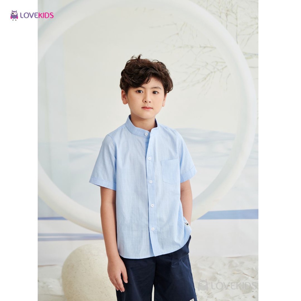 Áo sơ mi Lovekids cổ trụ cộc tay bé trai, 100% cotton cao cấp, thấm hút mồ hôi tốt, size từ 8 - 14 tuổi