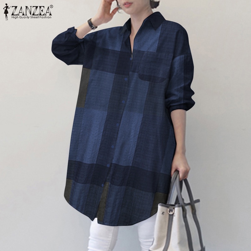 Áo sơ mi Zanzea tay dài dáng rộng cổ bẻ kẻ sọc caro trẻ trung hợp thời trang dành cho nữ