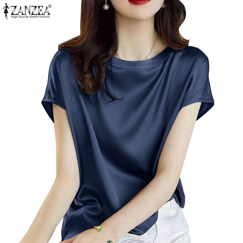 Áo kiểu ZANZEA tay ngắn cổ tròn thiết kế đơn giản phong cách Hàn Quốc nữ tính thanh lịch