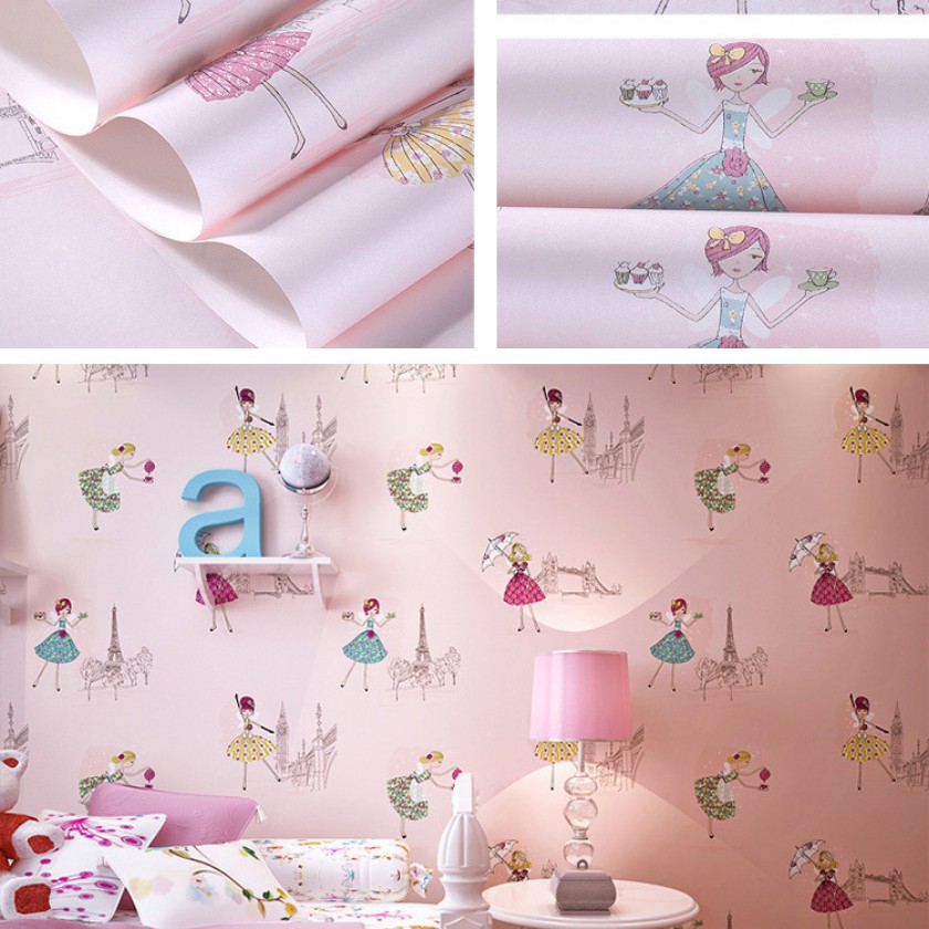 Giấy dán tường cô gái khổ rộng 45cm có sẵn keo, decal giấy dán tường phòng ngủ cho bé gái màu hồng dễ thương - Lala Mart