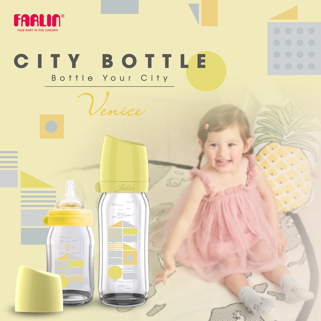 Bình Sữa Thủy Tinh City Bottle Cổ Rộng - 160ml Farlin, chính hãng của Đài Loan