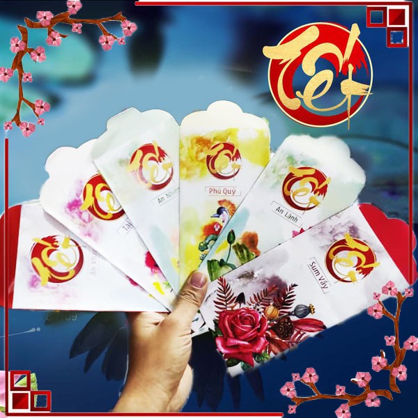 Set 10 Phong Bao Lì Xì Tết Cổ Truyền Việt Nam Mẫu Hoa Sen An Lành, An Nhiên, Phú Quý, An Khang, Tài Lộc và Sum Vầy