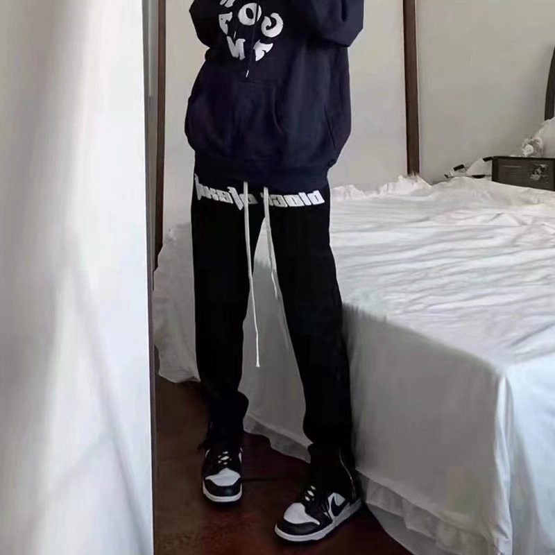 Quần Thể Thao Ống Rộng Xẻ Tà Thêu Họa Tiết Phong Cách Hip Hop Đường Phố Mỹ Thời Trang Xuân Thu Cho Nam