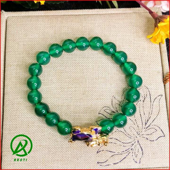 Vòng Phong Thủy Mộc - Vòng Tay Nam Nữ Mã Não Xanh Lá Mix Long Quy Vàng Đổi Màu Độc Lạ 8mm V374-8