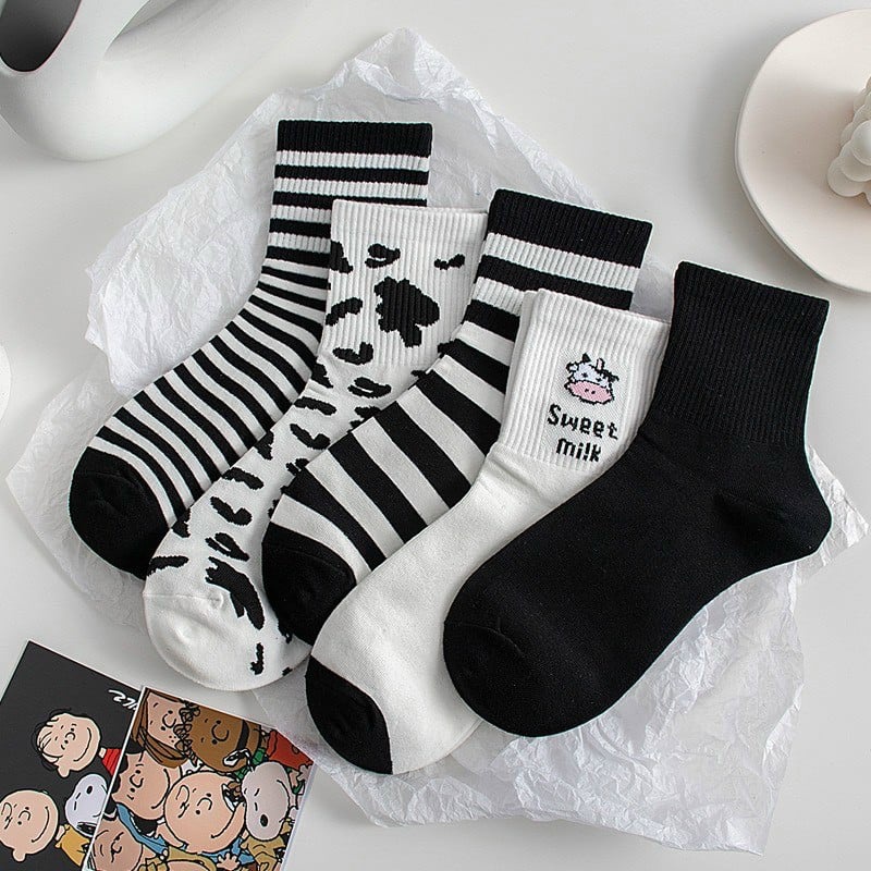 Tất cổ cao, vớ cổ cao nữ trắng họa tiết hình thú xinh xắn vải cotton co giãn thời trang Hàn Quốc