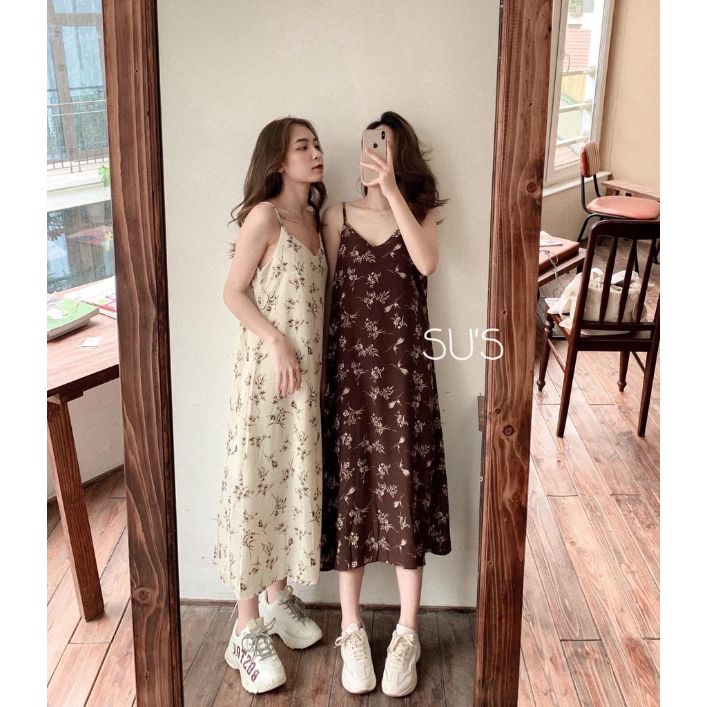 Đầm Nữ Hoa Nhí 2 Dây Nâu Be dáng suông 🦋 Váy Hoa Midi 2s cổ chữ V mặc đi biển kiểu dáng dài basic 🦋