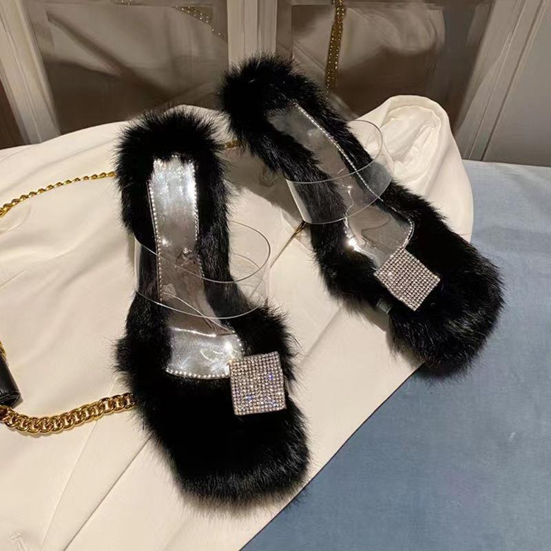 Dép Quai Ngang Trong Suốt Đính Đá Phối Lông Thời Trang Xuân Thu Cho Nữ Miaomei 2022