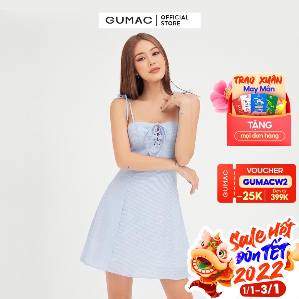 Đầm 2 dây mắt cáo GUMAC màu xanh trơn phong cách dễ thương DB487