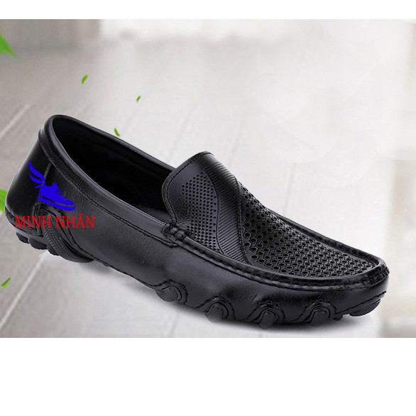 Giày rọ nam da bò cao cấp đẹp mẫu mới nguyên tấm Slipons đế khâu mùa hè đục lỗ thoáng khí Men’s Summer Shoes H-8 màu đen