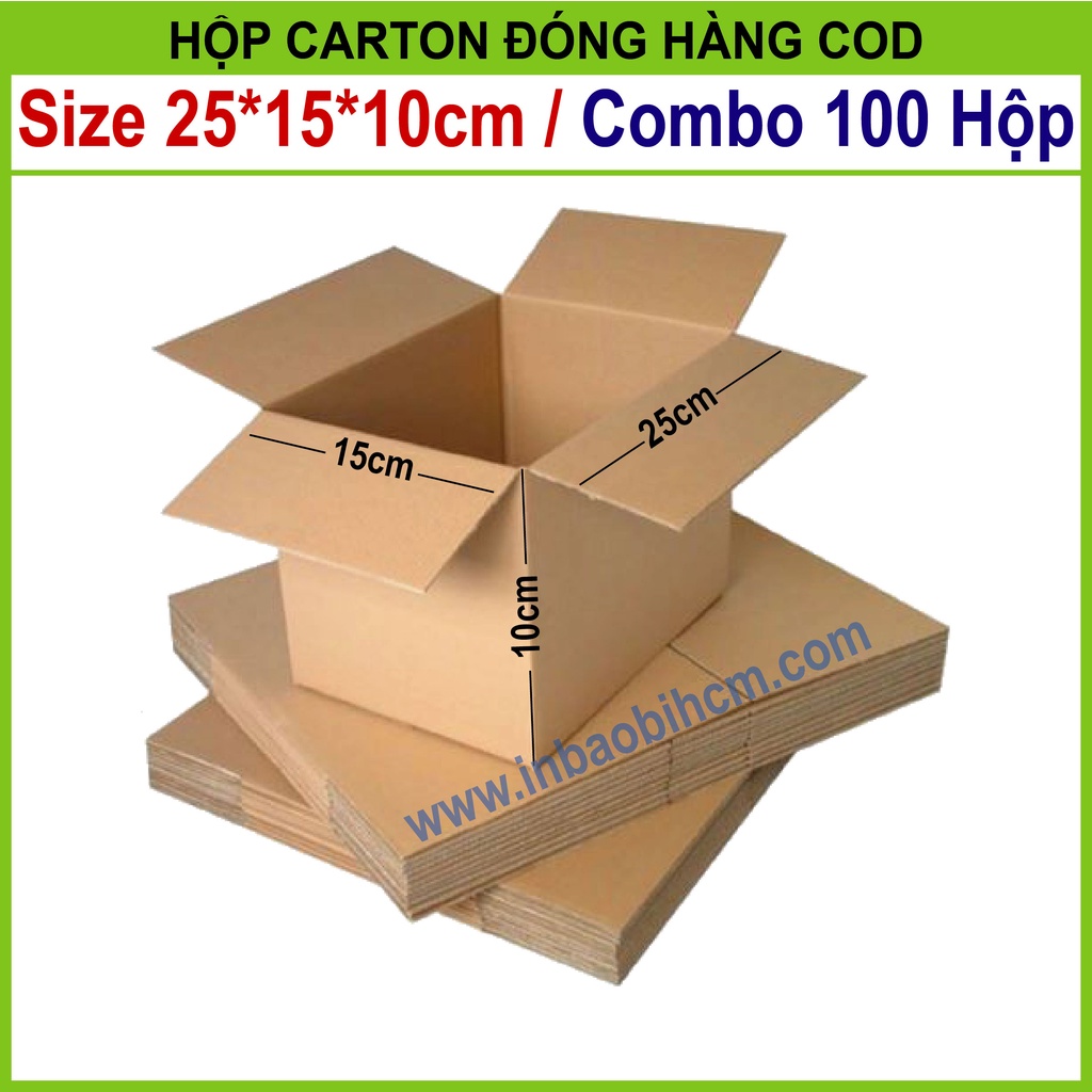 100 Hộp đóng hàng 25x15x10 cm, Hộp carton dày, Cứng cáp, Chuẩn Ship COD, Thùng carton, Hộp giấy giá rẻ, Inbaobi.HCM