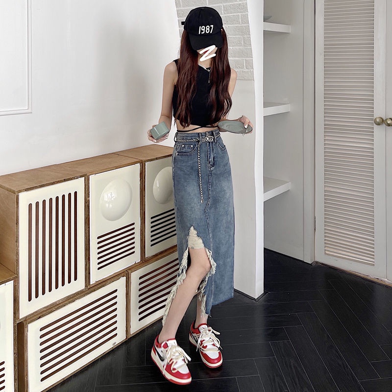 Chân váy jean Lưng Cao Phối Tua Rua Plus Size Cho Nữ