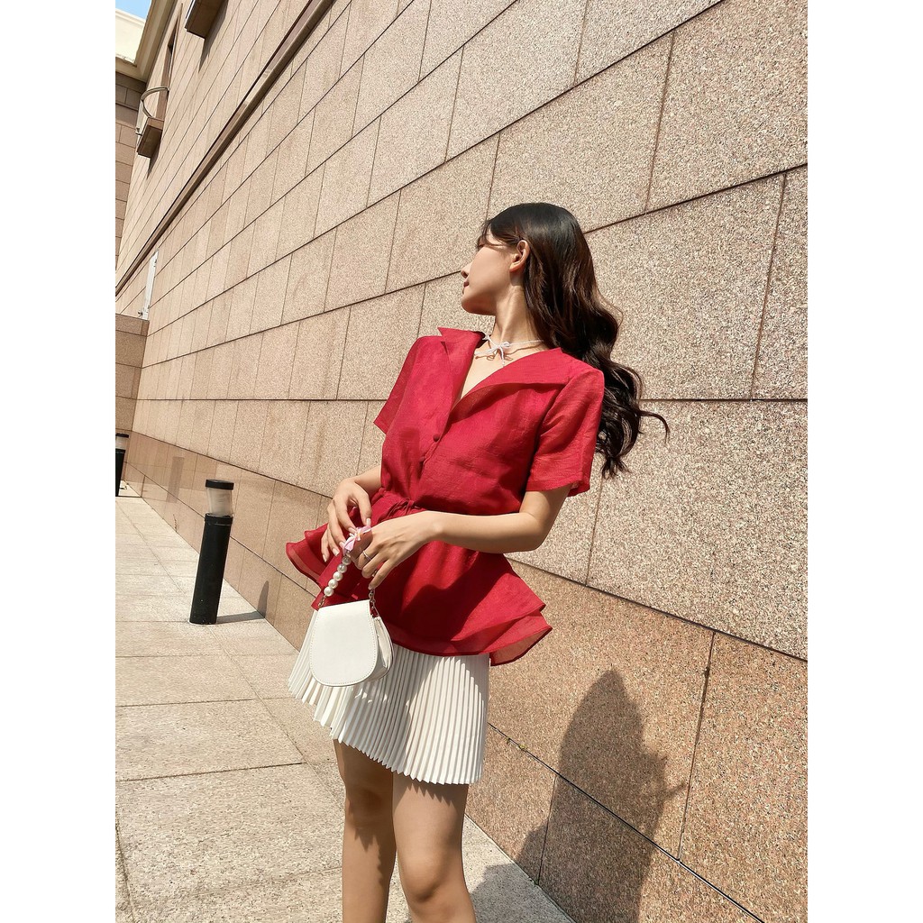 TUBYCATU | Áo organza đỏ cổ bẻ rút eo