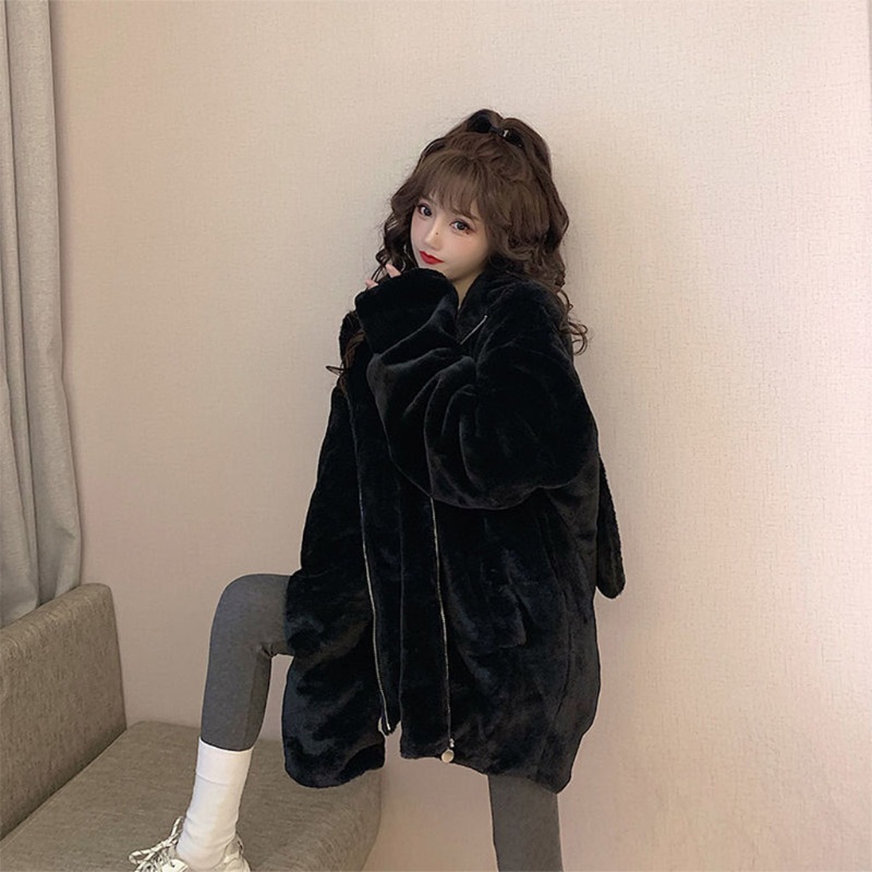 Áo Khoác Lông Giả Tai Thỏ Có Khóa Kéo Phong Cách Harajuku Dễ Thương Cho Nữ