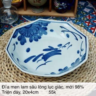 Bộ đĩa men lam sâu lòng cạnh lục giác lòng vẽ thỏ - gốm sứ nhật bản