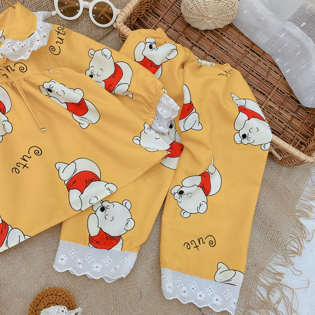 ĐỒ BỘ QUẦN ÁO CHO BÉ GÁI SET PIJAMA CHẤT LIỆU KATE THÔ MỀM MẠI PHỐI REN ĐIỆU ĐÀ SIZE 10-22KG