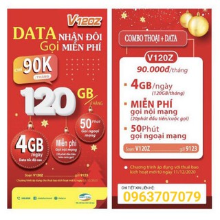 Gói V120Z:Ưu Đãi Miễn Phí Gọi Nội Mạng Dưới 20 Phút,50Phút Ngoài mạng,Ngày có 4GB, Tháng có 120GB