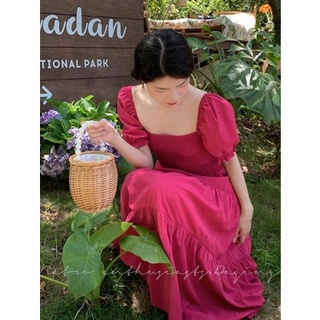 Váy hồng cổ vuông tay cộc thân a dài basic