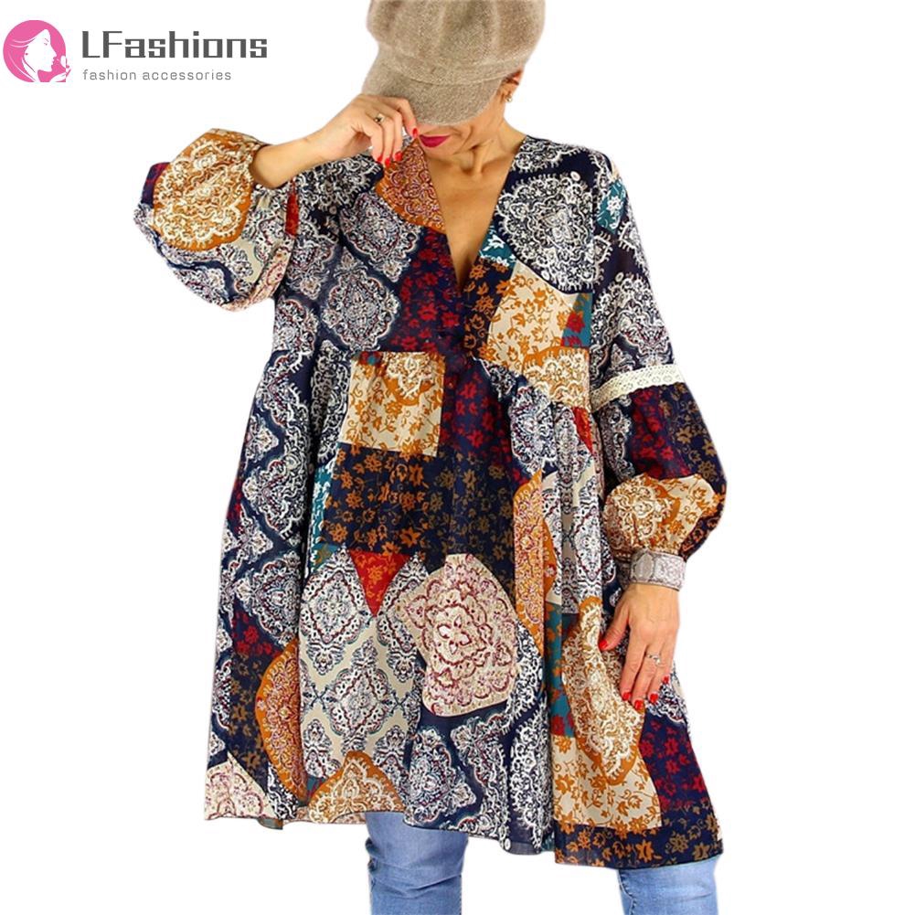 Autumn Women V-neck Bohemia Print Dress Lantern Sleeve Loose Long Section Tops | BigBuy360 - bigbuy360.vn