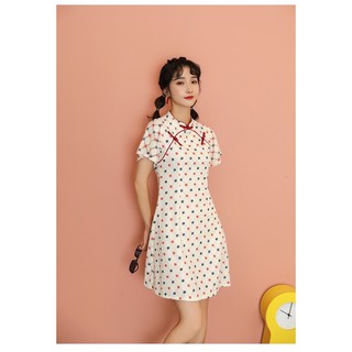 đầm sườn xám big size màu kem chấm bi xanh đỏ size 70-90kg