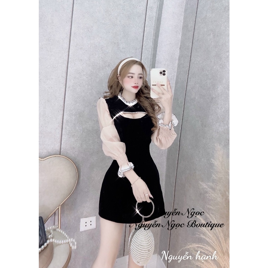 Đầm nhung khoét ngực tay bèo siêu xinh.