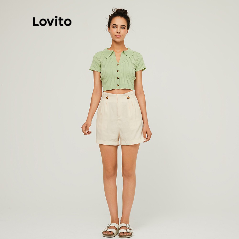 Áo croptop Lovito dệt kim đơn giản L03136 (màu xanh lá)