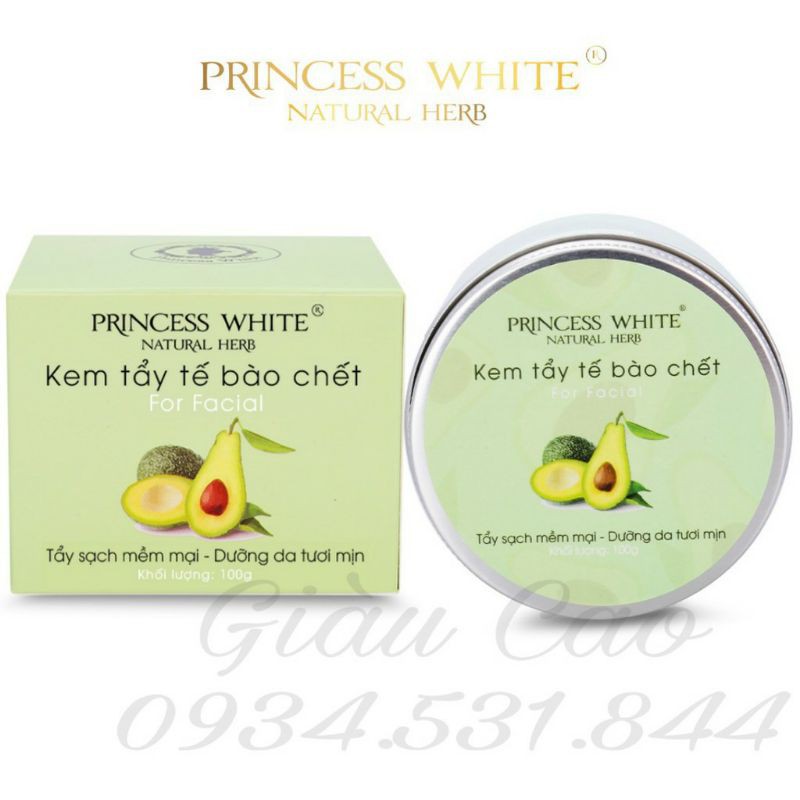 KEM TẨY TẾ BÀO CHẾT DA MẶT TRÁI BƠ PRINCESS WHITE HỘP 100G