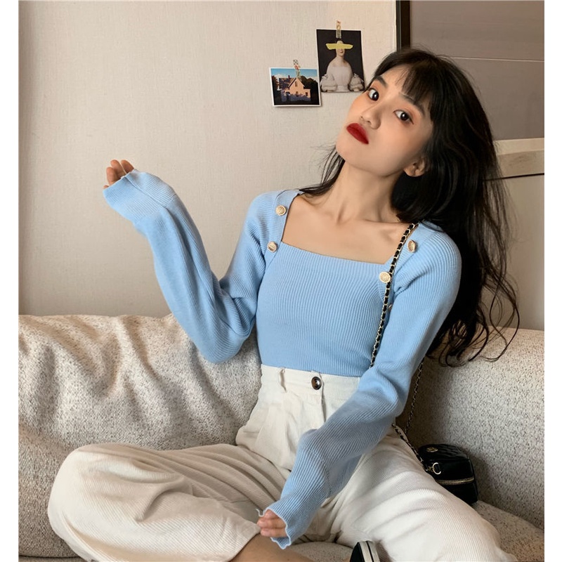 Áo dệt kim tay dài cổ vuông phối hàng nút phong cách Hàn Quốc