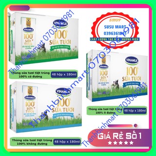 sữa tươi tiệt trùng 100% Vinamilk  thùng 48 hộp x 180ml ít đường ,có đường ,không đường