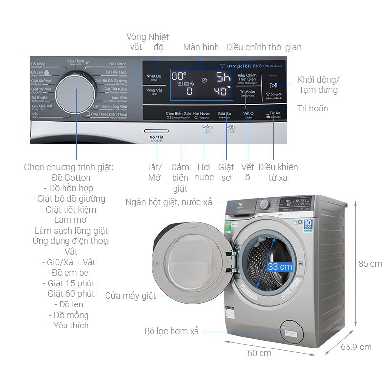 Máy giặt Electrolux 11kg Inverter màu sám bạc EWF1141AESA