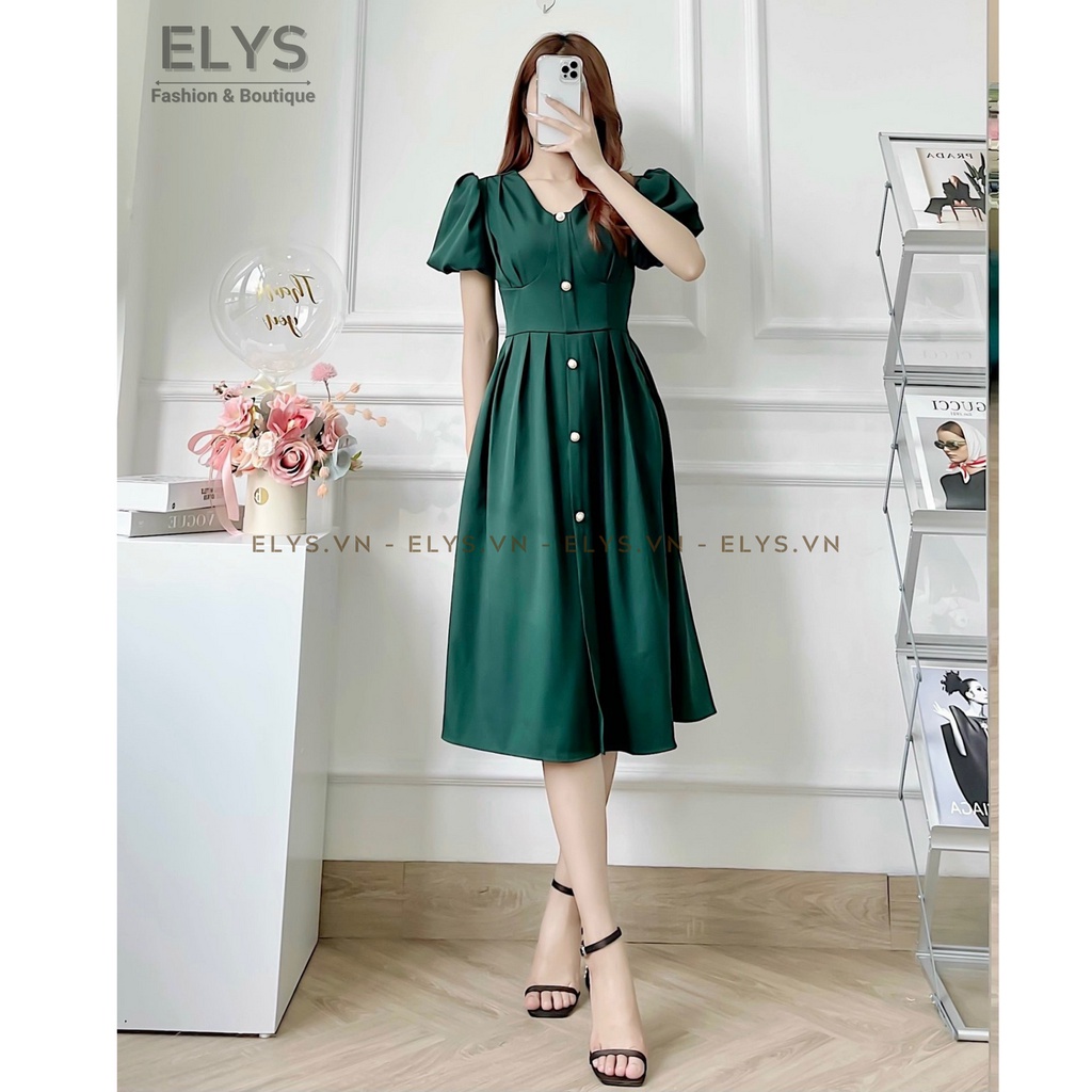 Váy Tiểu Thư Công Sở ELYS Thiết Kế Dáng Xòe Tay Bồng Phối Cúc Ngọc Cao Cấp LY019