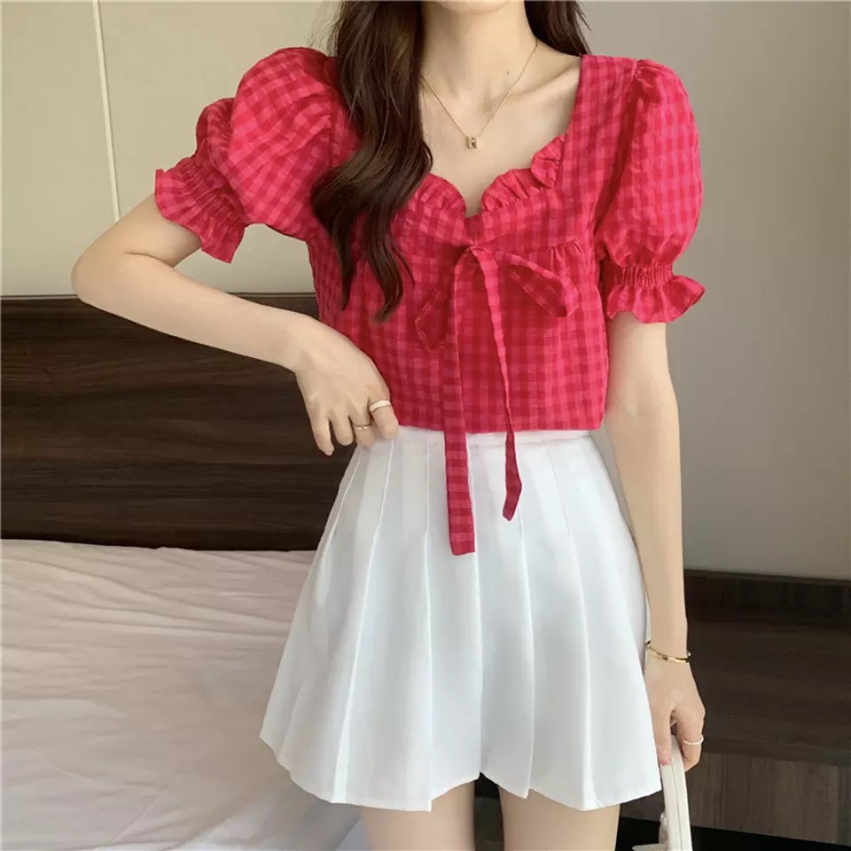 Áo sơ mi nữ sọc caro thời trang thanh lịch áo tay phồng phong cách Hàn Quốc chất liệu mềm mịn