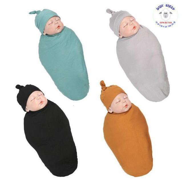 Quấn Chũn Sơ Sinh  Kèm Mũ và băng đô vải cotton thun lạnh Minky Mom - Cho Bé Giấc Ngủ Ngon 80x120cm