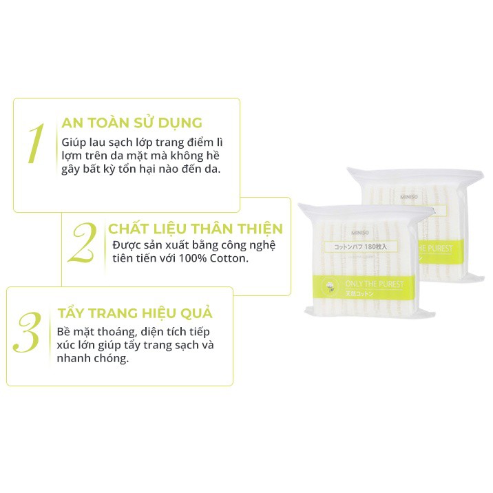 Bông Tẩy Trang MINISO Nhật Bản Cotton Mềm Mại GÓI 180 MIẾNG - Sarah Beaute MP33