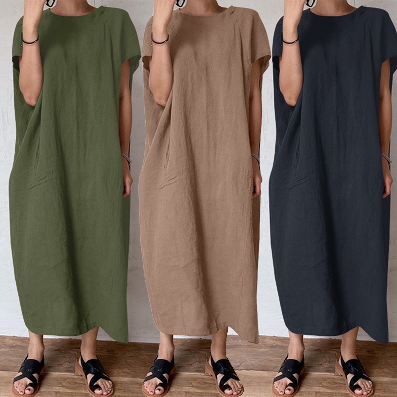 ZANZEA Đầm Dài Tay Ngắn Cổ Tròn Màu Trơn Phong Cách Cổ Điển Đơn Giản Thời Trang Cho Nữ