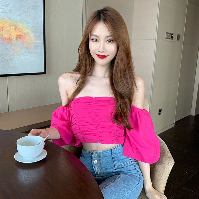 Áo Croptop Trễ Vai Màu Sắc Thanh Lịch Cho Phái Nữ
