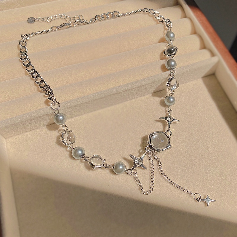 ❤zheting❤ Bộ Vòng cổ + Vòng Tay Bằng Thép Titan Đính Đá Mặt Trăng Xinh Xắn