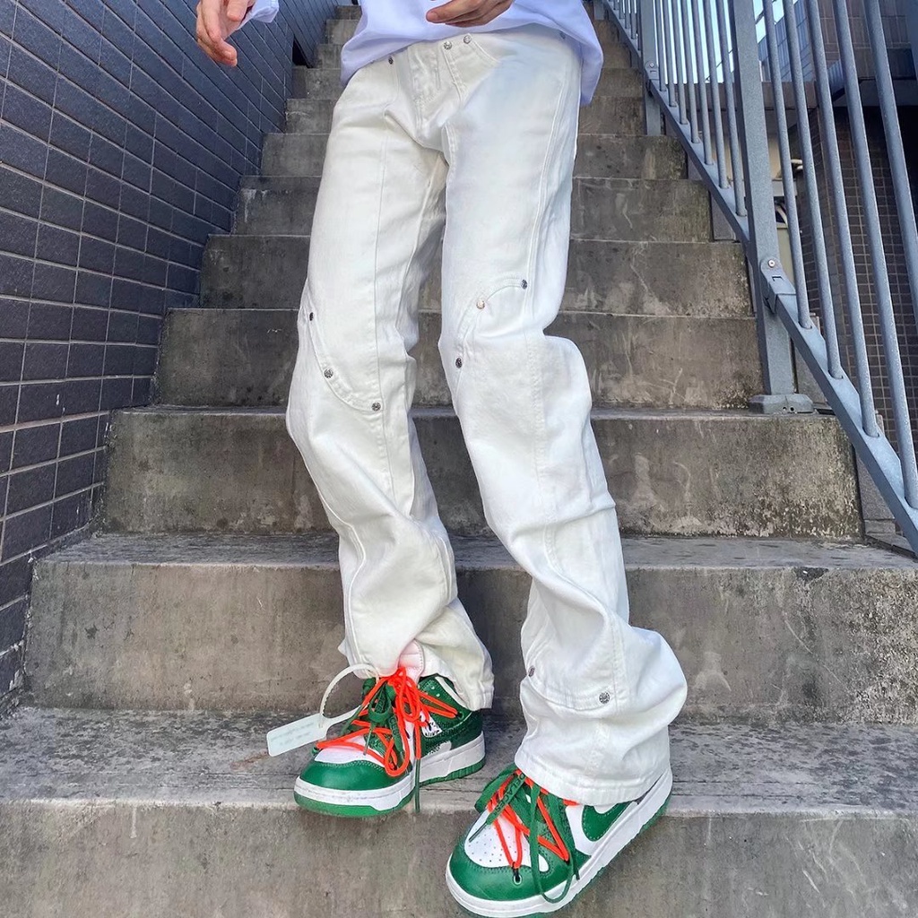 Quần jean lưng cao dáng rộng có dây kéo phong cách hip hop thời trang Âu Mỹ size S-4XL cho nam và nữ