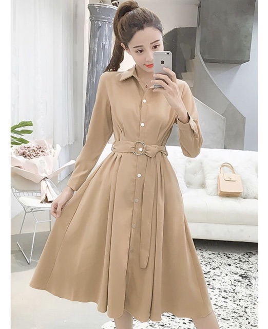 Đầm váy sơ mi kem tay dài kèm belt