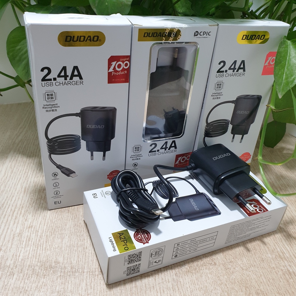 Củ Sạc Nhanh Liền Dây Dudao A2pro 2.4A Kèm 2 Cổng USB Có Thể Sạc Cùng Lúc 3 Thiết Bị Vỏ Nhựa ABS Chống Cháy BH 12 Tháng