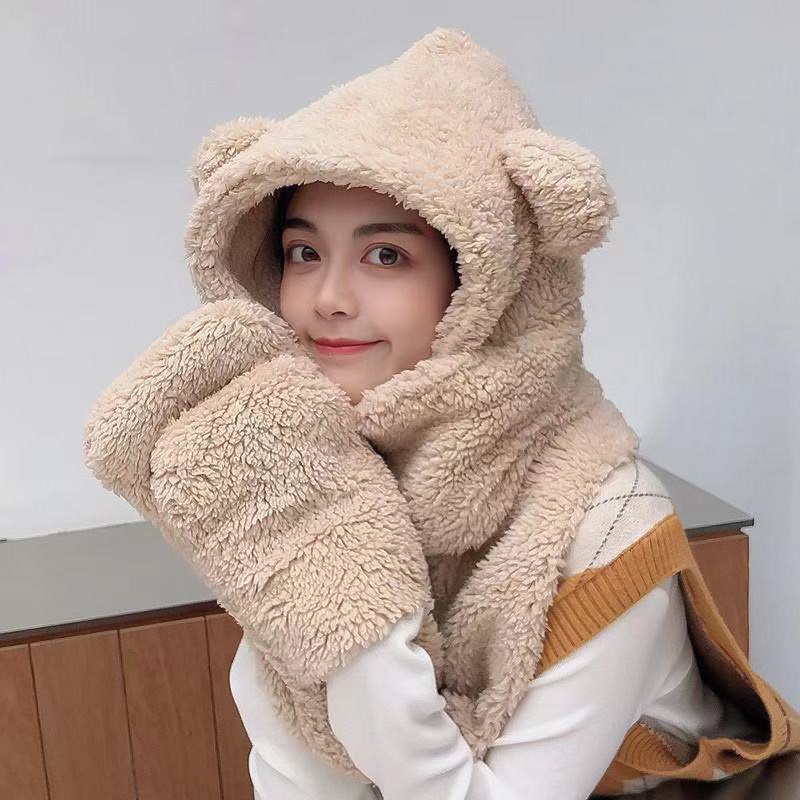 Mũ len nữ trùm đầu kèm khăn mặt gấu hàn quốc thời trang cao cấp giá rẻ - ML24