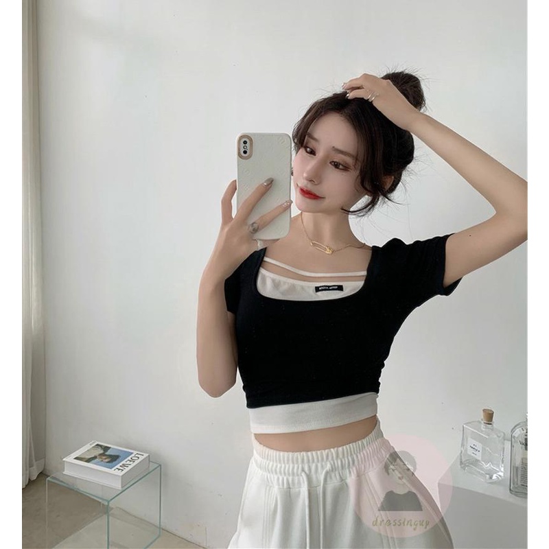 Áo Thun Tay Ngắn Cổ Chữ U Màu Trắng/Đen Cho Nữ