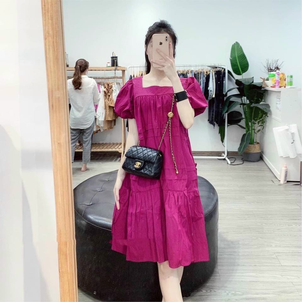 Đầm bầu xinh mặc nhà mùa hè Dambauxinh-L1131 Váy bầu thieetd kế cổ vuông chất thô