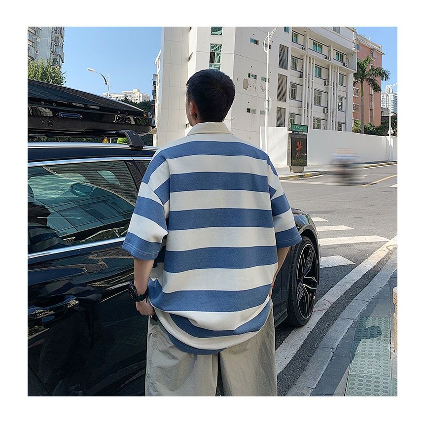Áo polo Tay Ngắn Dáng Rộng Họa Tiết Kẻ Sọc Thời Trang Mùa Hè Phong Cách Hồng Kông Cho Nam
