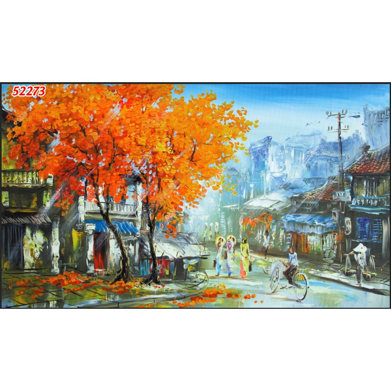 Tranh Làng Quê Việt Nam Thời Xa Xưa đầm sen, cây lá vàng, đồng lúa xanh chất liệu xé không rách, lau chùi thoải mái