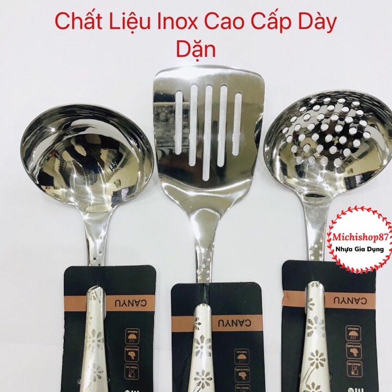 Muôi Múc Canh, Xẻng Xào, Muôi Thủng Ăn Lẩu Inox 304 Cao Cấp Họa Tiết Hoa Loại Đẹp Dầy Dặn