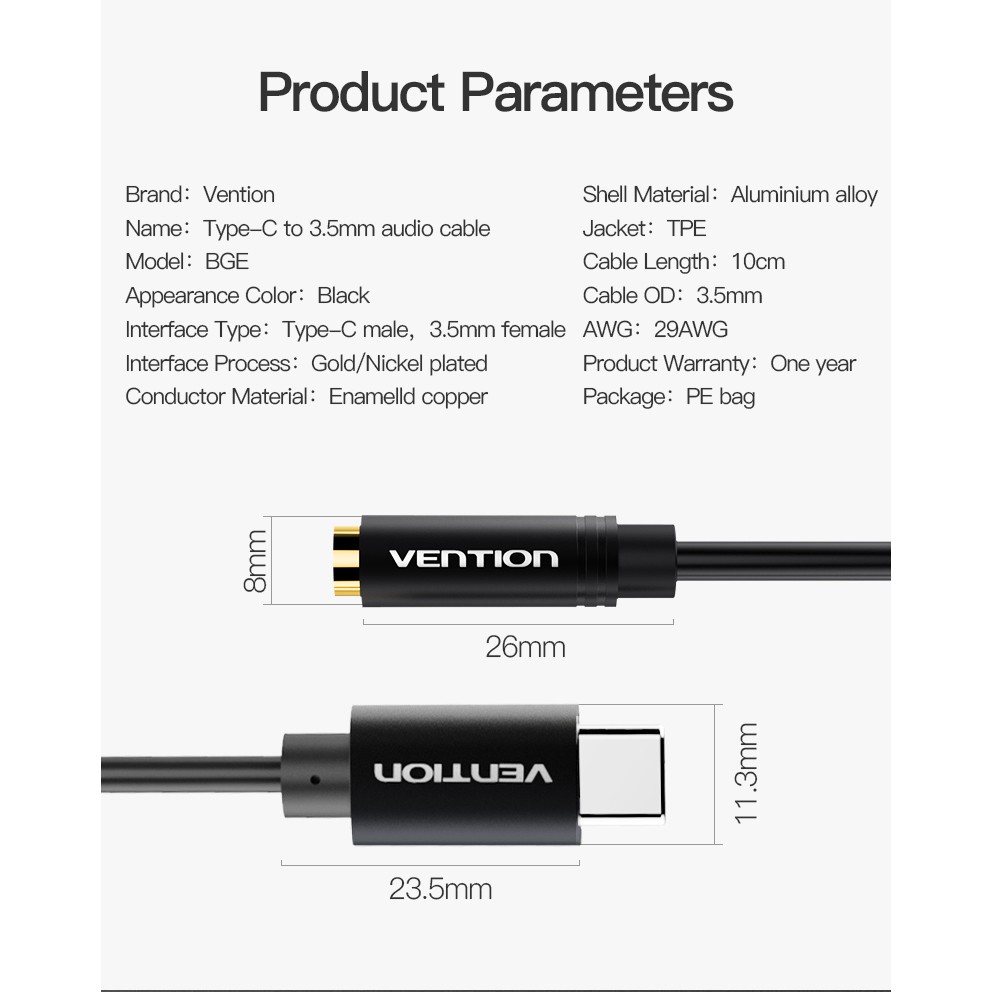 Type C - Cáp chuyển đổi Type-C to Audio 3.5mm - Vention